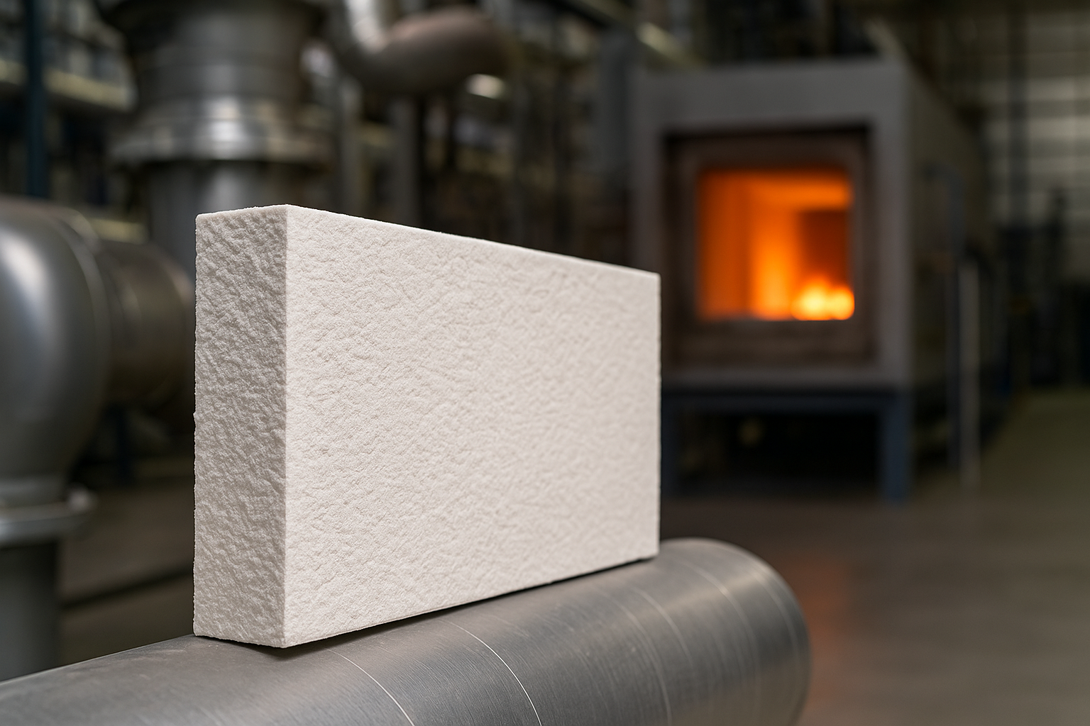 Tabla de fibra cerámica utilizada como aislante térmico en planta industrial moderna, destacando su estructura porosa y resistencia a altas temperaturas