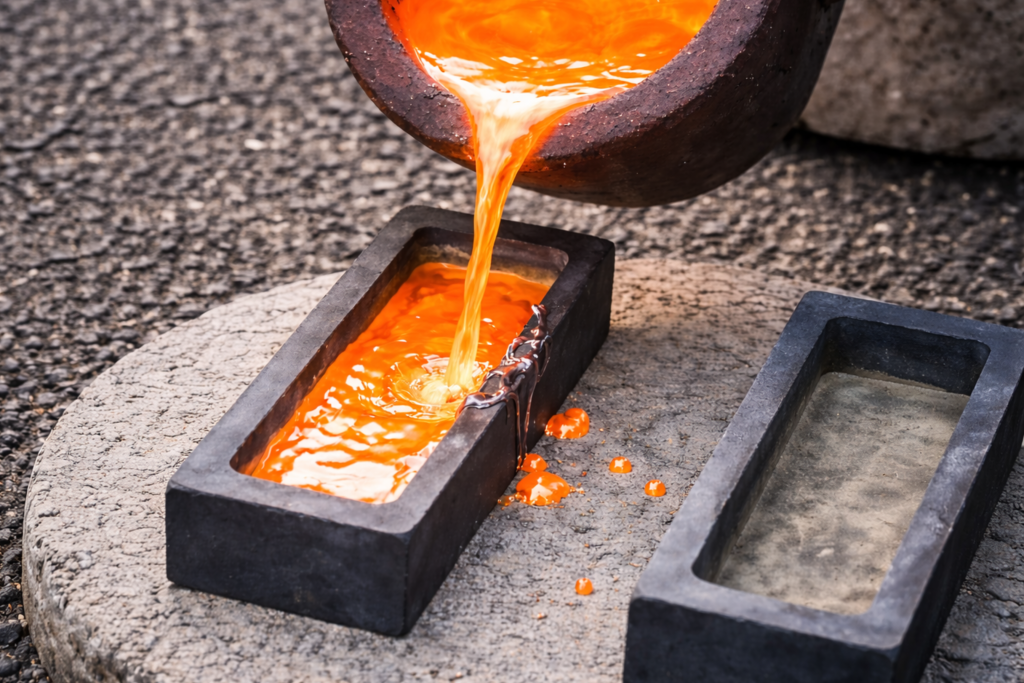 Vertido de metal líquido desde crisol de grafito en proceso de fundición industrial