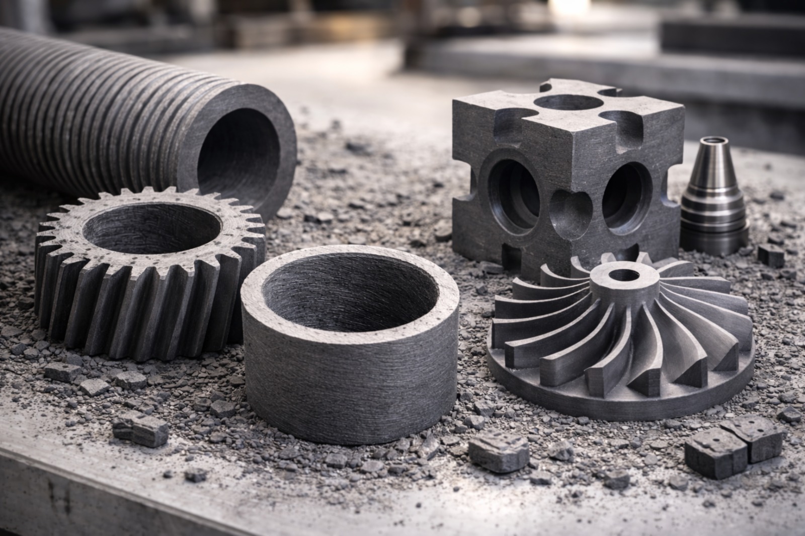 Componentes de grafito extruido maquinados en entorno industrial para aplicaciones mecánicas