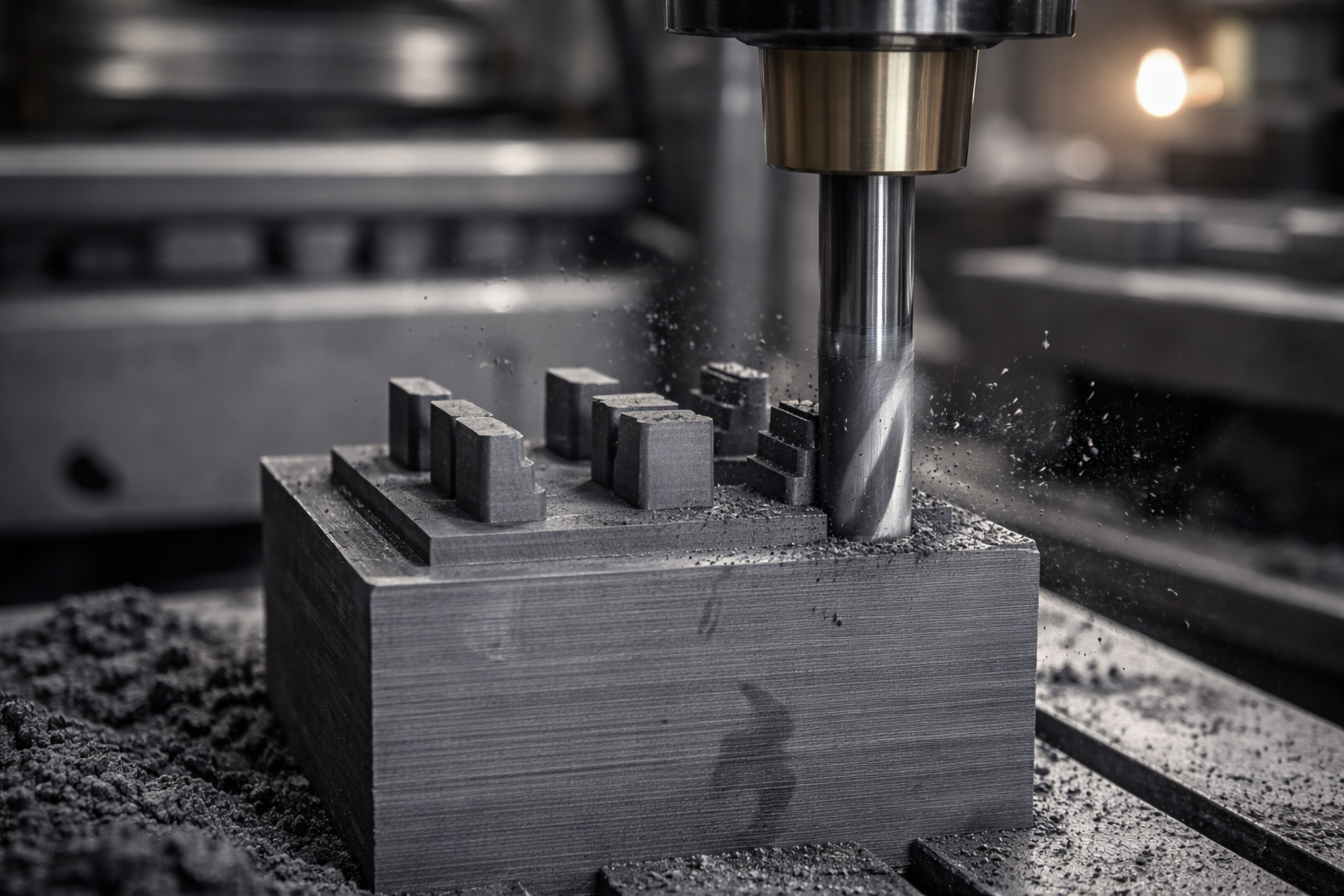 Proceso de maquinado CNC en bloque de grafito industrial para aplicaciones técnicas especializadas