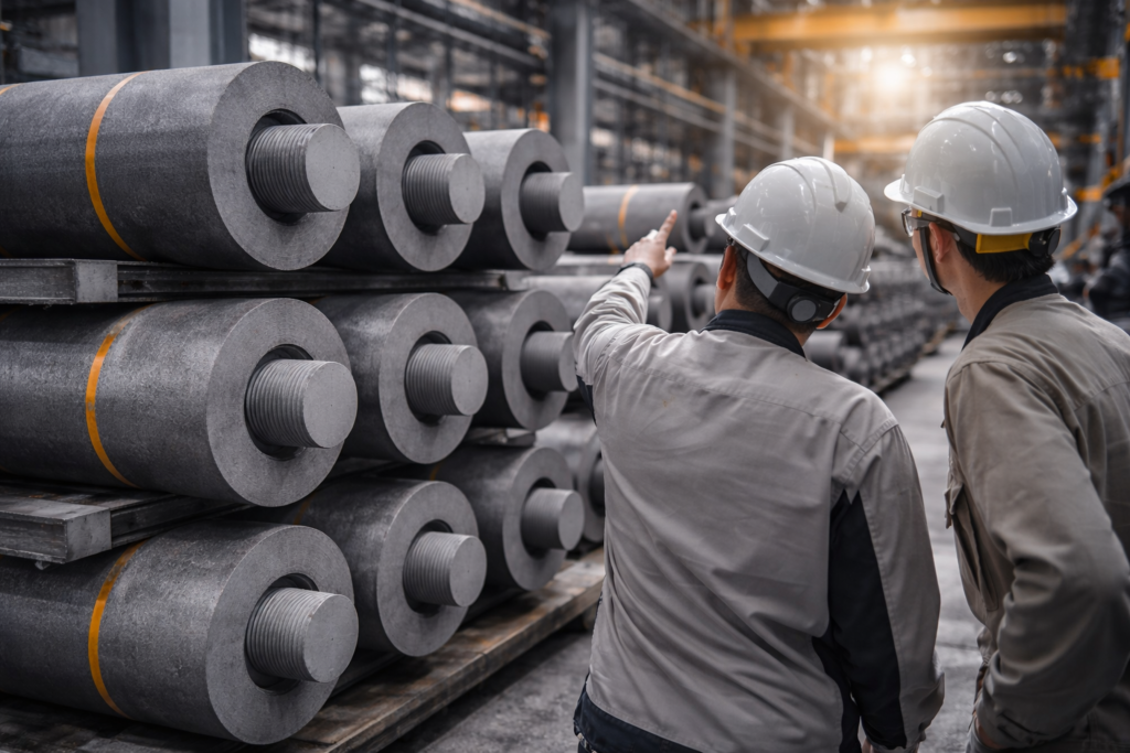 Equipo técnico evaluando cilindros de grafito industrial en entorno de planta