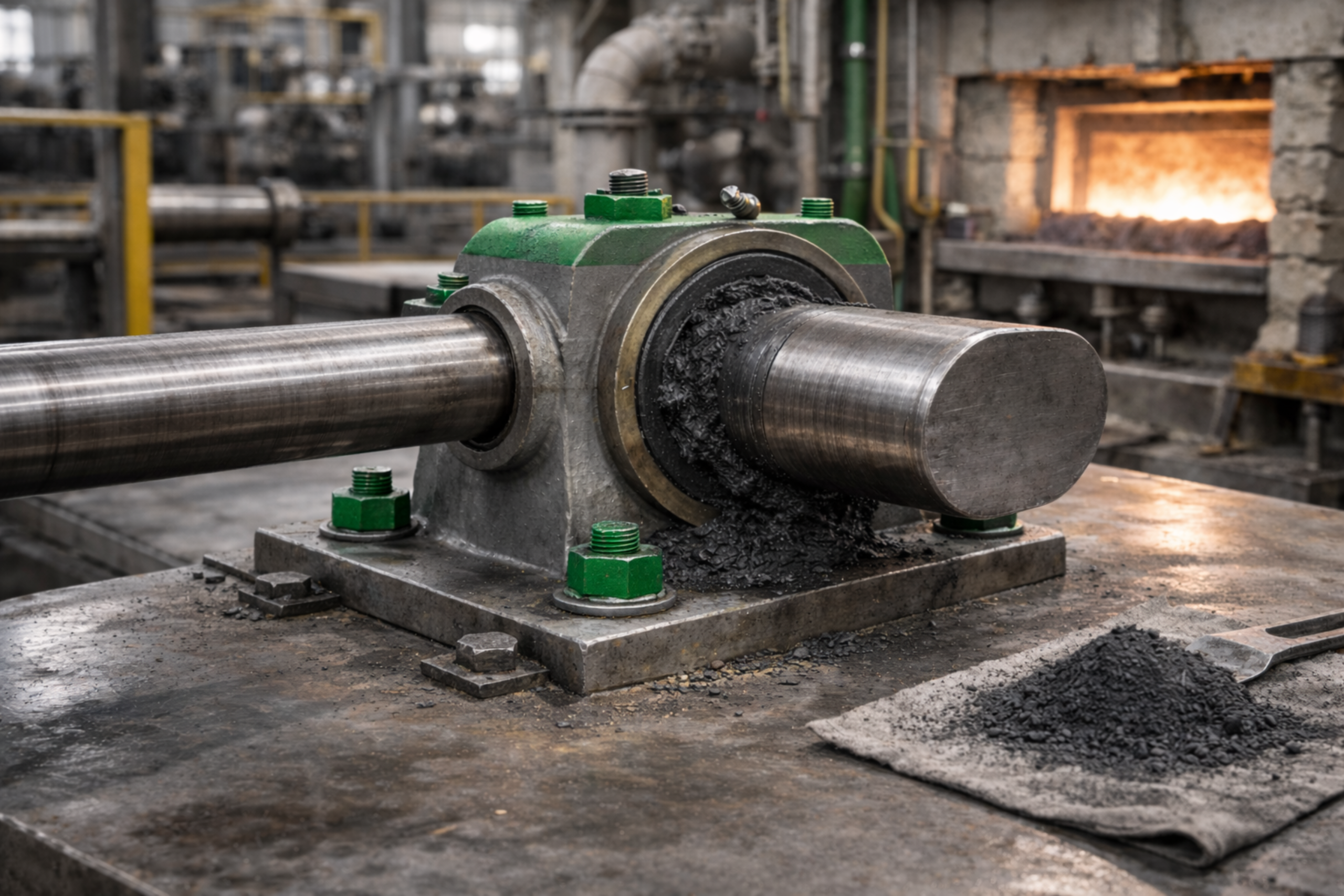 Aplicación de lubricante grafitado en eje industrial expuesto a altas temperaturas y fricción