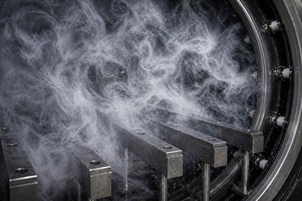 Horno de vacío industrial abierto con componentes de grafito en hot zone y estructuras internas