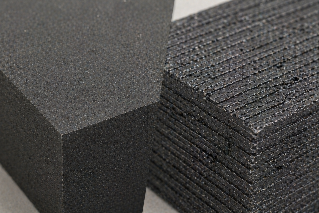 Detalle de estructura en grafito isomoldeado y grafito extruido mostrando diferencias de homogeneidad y dirección