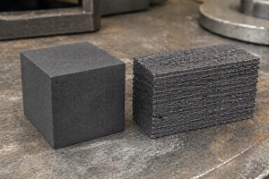 Comparación entre grafito isomoldeado y grafito extruido mostrando diferencias de estructura y porosidad