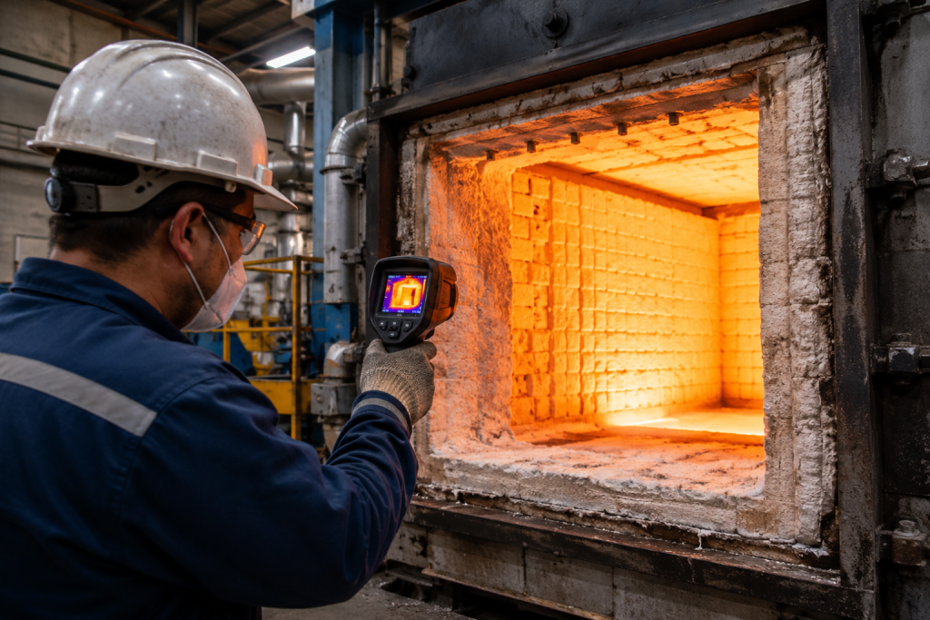 Horno industrial con aislamiento térmico deteriorado que genera pérdida de calor y mayor consumo energético.