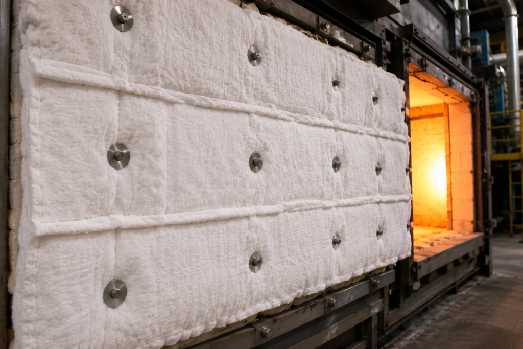 Fibra cerámica utilizada como aislamiento térmico industrial en horno de alta temperatura.