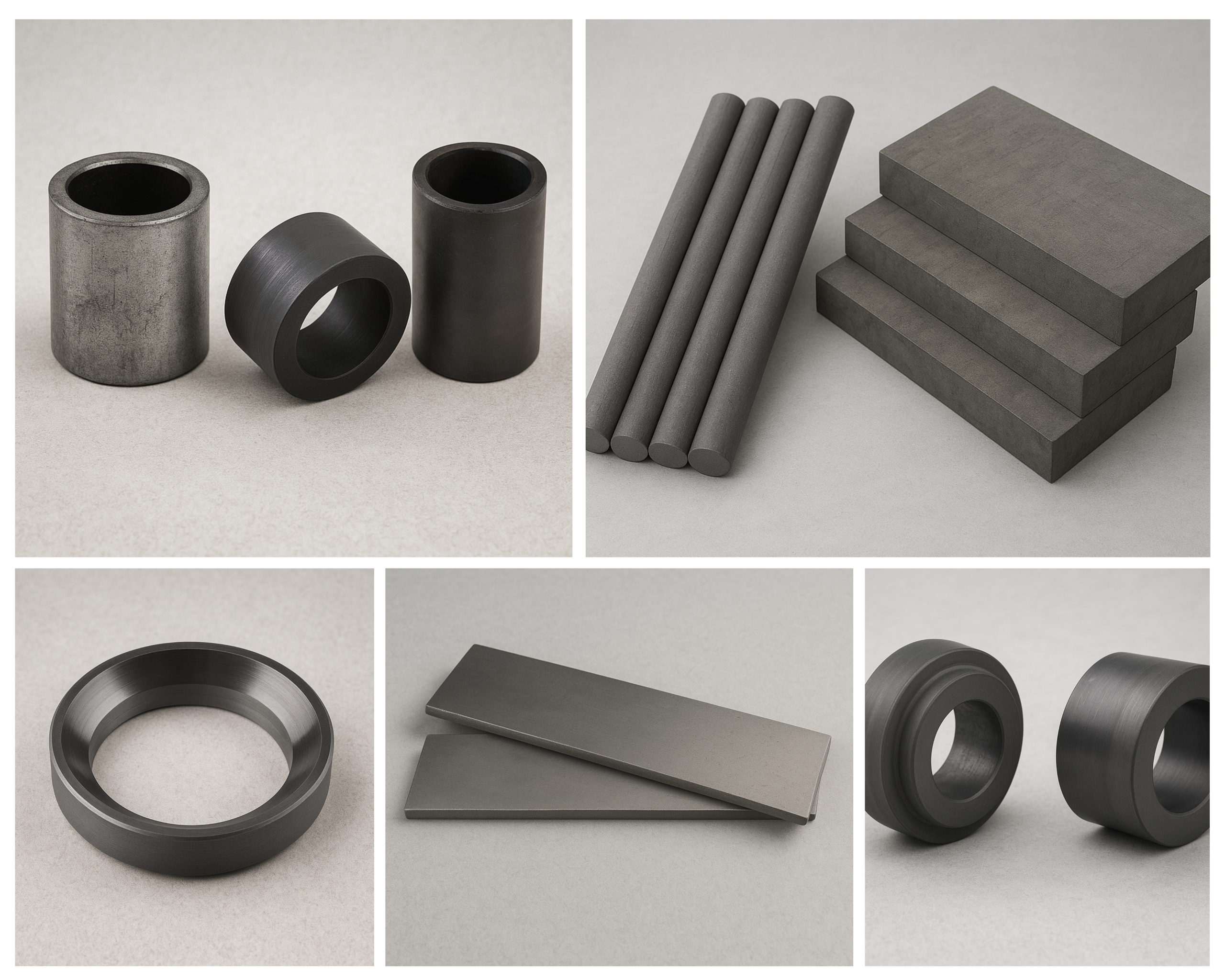 Bujes, anillos, barras y placas de grafito industrial maquinado para aplicaciones mecánicas de alta precisión y resistencia al desgaste.