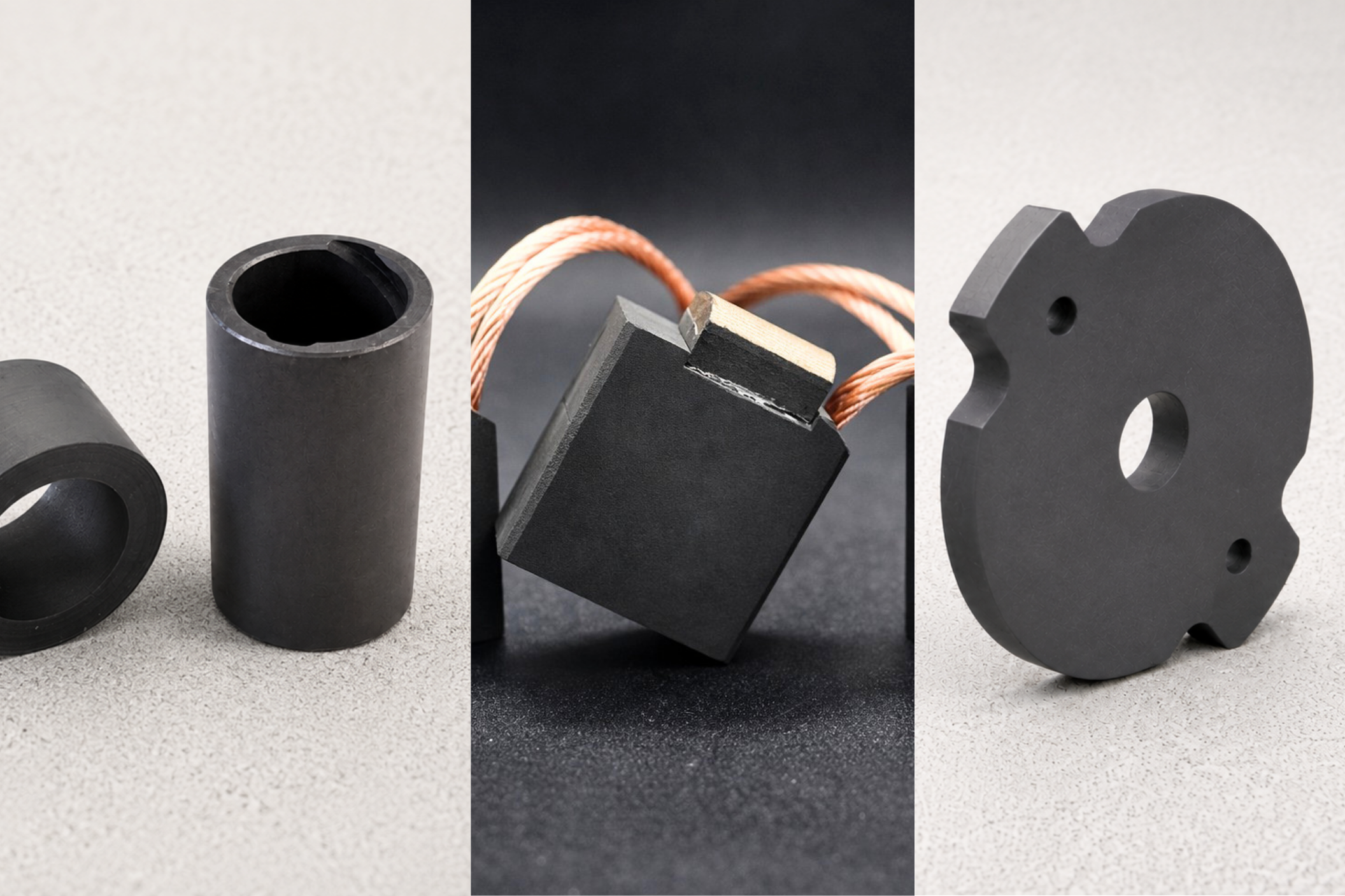 Bujes, escobillas eléctricas y pieza mecanizada fabricados con distintos grados de grafito