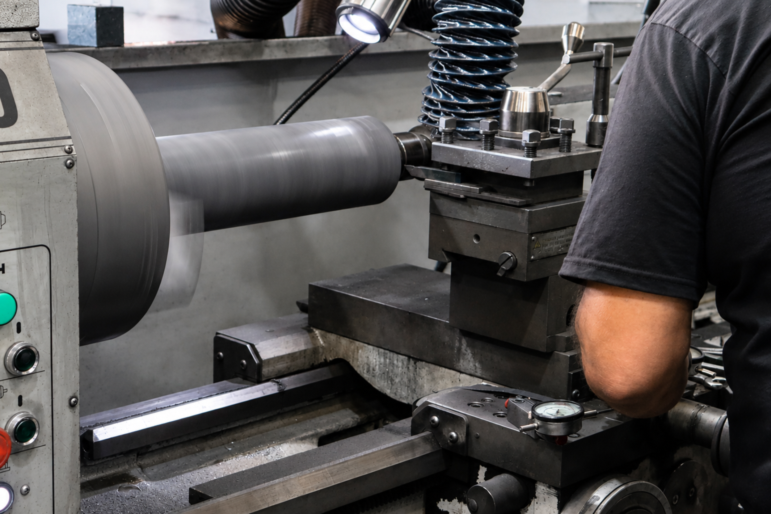 Maquinado de una pieza de grafito industrial en torno CNC para fabricación sobre plano con tolerancias de precisión.