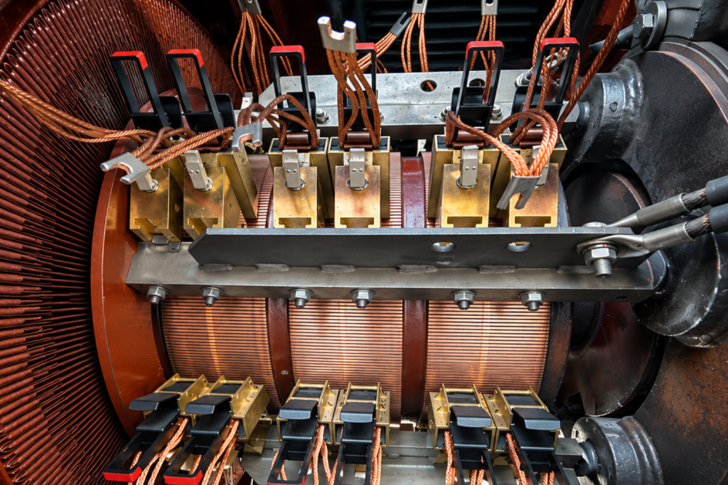 Sistema de portaescobillas instalado en motor eléctrico industrial