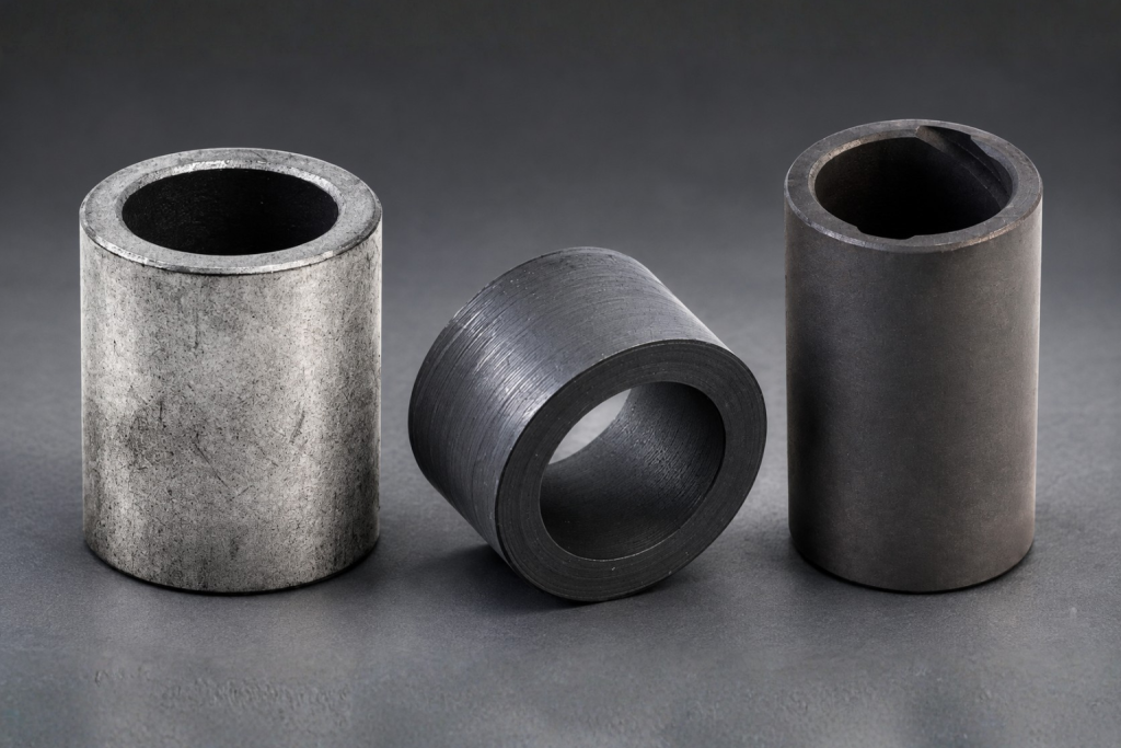 Tres bujes industriales cilíndricos con orificios interiores, diferentes acabados superficiales y dimensiones, sobre fondo gris.