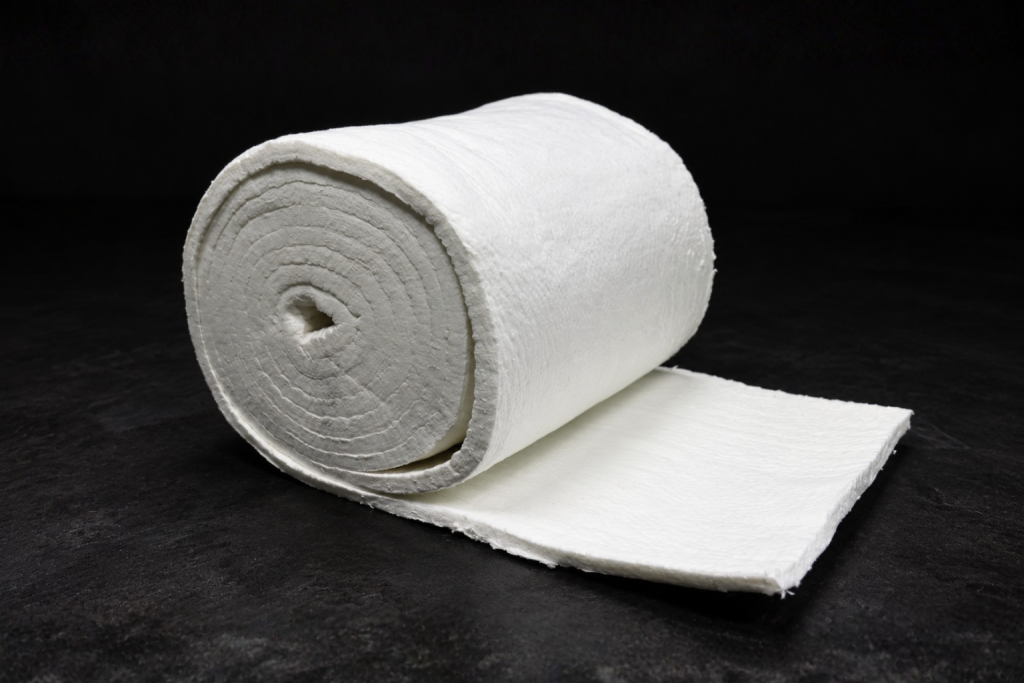 Rollo de colcha de fibra cerámica blanca parcialmente desenrollado sobre una superficie negra, mostrando su textura fibrosa y formato flexible.