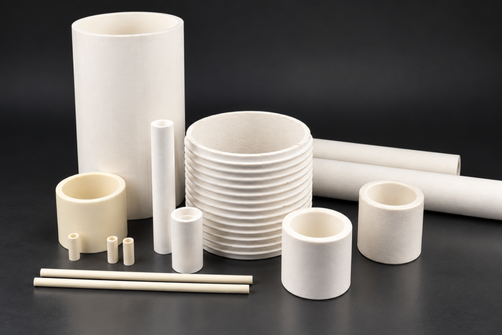 Componentes cilíndricos de cerámica blanca con diferentes diámetros, tubos, varillas y una pieza con relieve exterior.