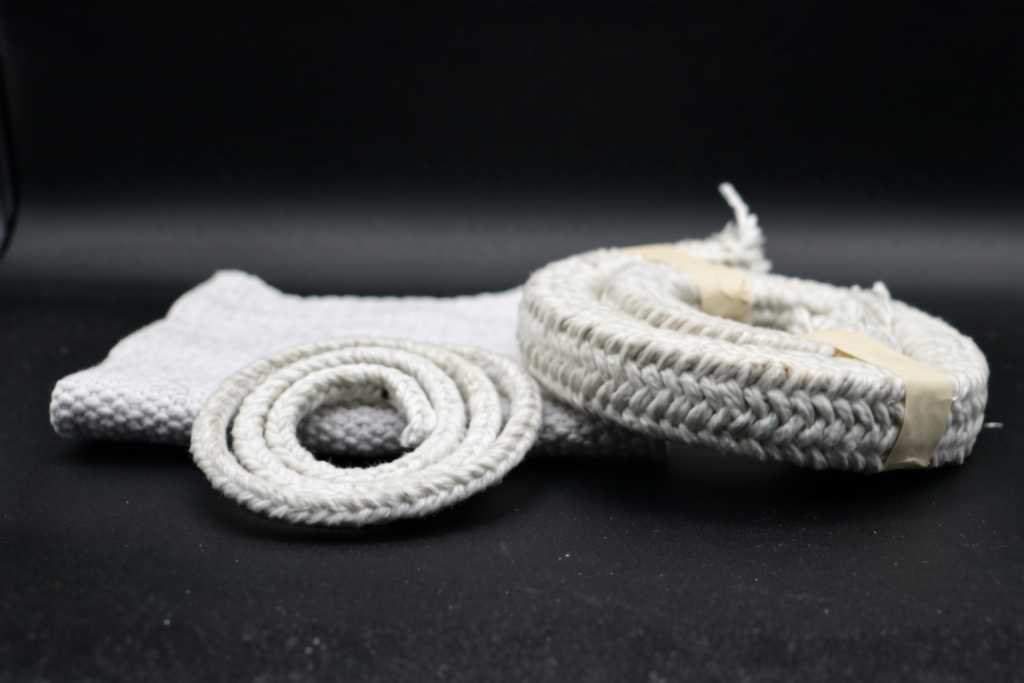 Cordones cerámicos blancos enrollados y textiles trenzados de fibra cerámica sobre fondo negro, utilizados como materiales de aislamiento térmico industrial.