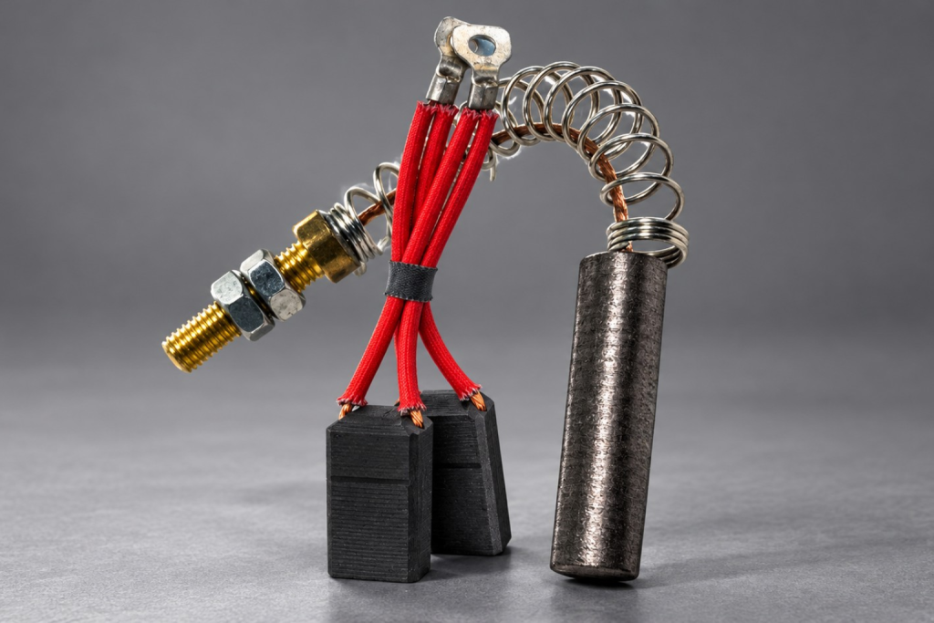 Escobillas de grafito con cables rojos, terminales metálicas y resortes para aplicaciones en motores eléctricos industriales.