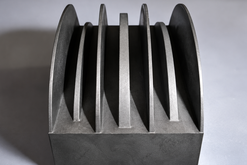 Acercamiento de una superficie industrial gris oscuro con múltiples perforaciones circulares distribuidas uniformemente en filas.