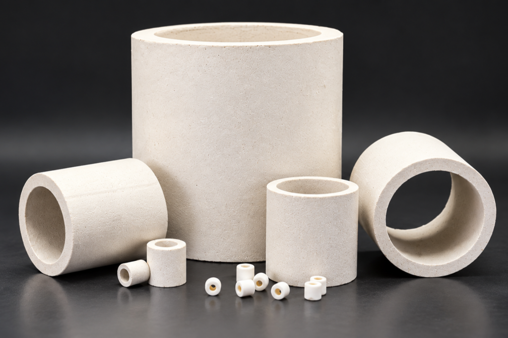 Piezas especiales de fibra cerámica de diferentes diámetros y tamaños, con geometrías cilíndricas para aislamiento térmico industrial.